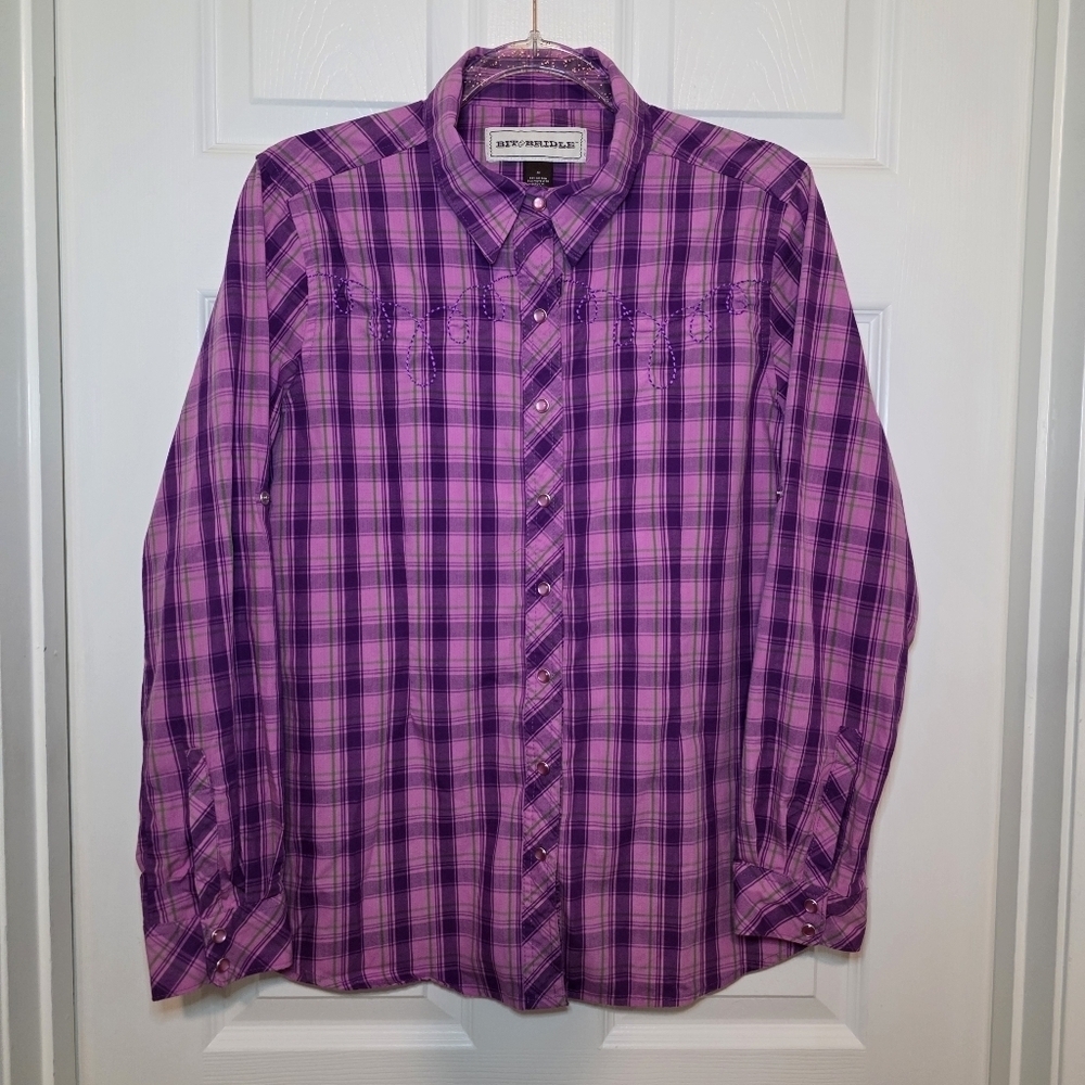 Bit&Bridle Embroidered Pearl Snaps Western Shirt Women's M Purple Plaid